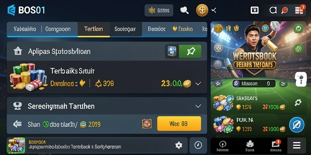 Screenshot utama BOS01 menunjukkan antarmuka aplikasi Sportsbook yang interaktif.