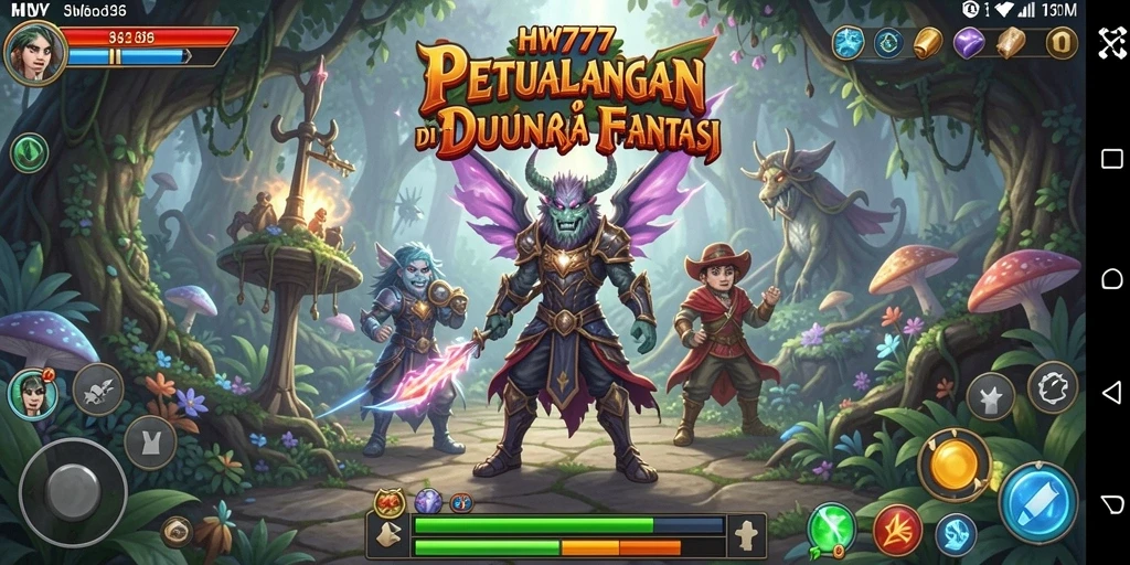 Tampilan gameplay HW777 dengan karakter menjelajahi dunia fantasi.