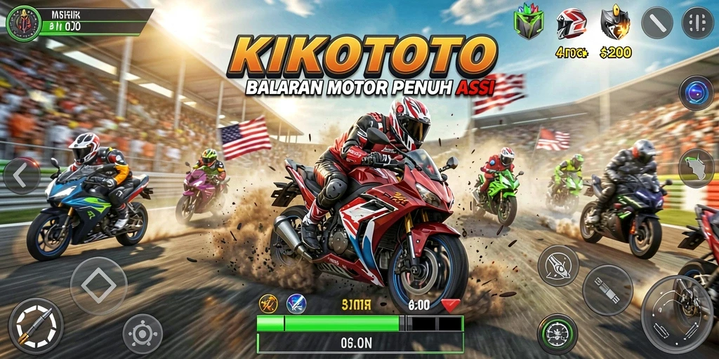 Gameplay KIKOTOTO yang mendebarkan dengan balapan motor.
