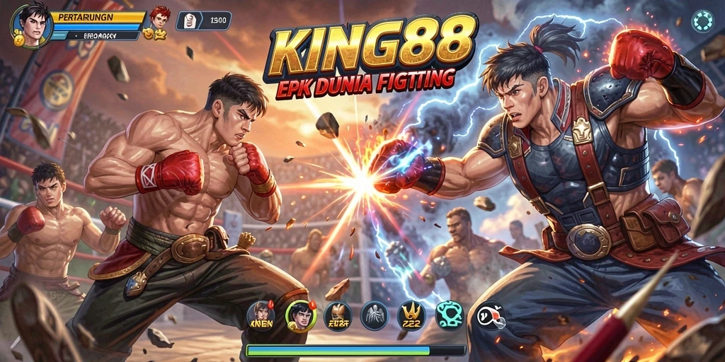 Tangkapan layar KING88 menampilkan karakter bertarung dalam arena penuh aksi.