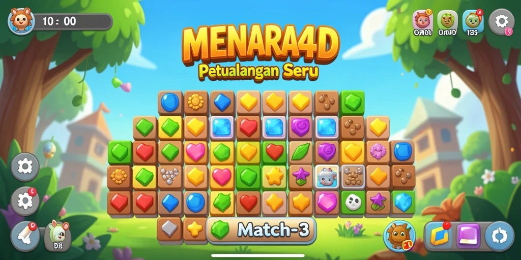 Screenshot MENARA4D menampilkan gameplay Match-3 yang mengasyikkan dan penuh warna.