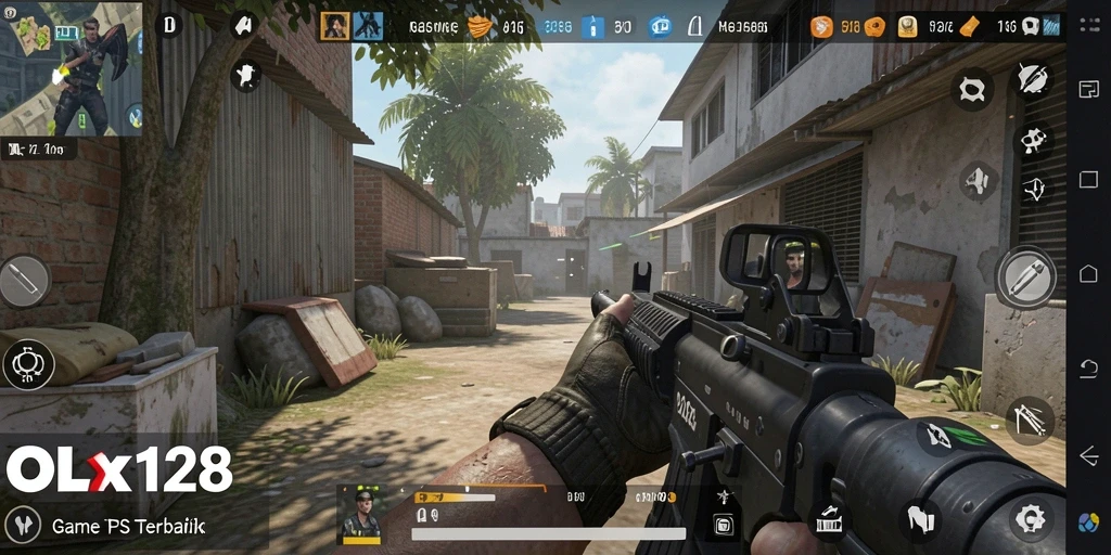 Screenshot utama OLX128 yang menampilkan action seru dalam gameplay FPS.