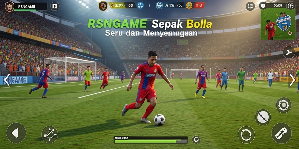 Gameplay RSNGAME yang menampilkan aksi seru di lapangan sepak bola.