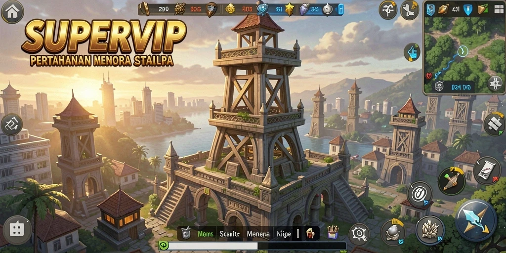 Tampilan gameplay yang menawan dalam SUPERVIP dengan strategi menara yang mendebarkan.